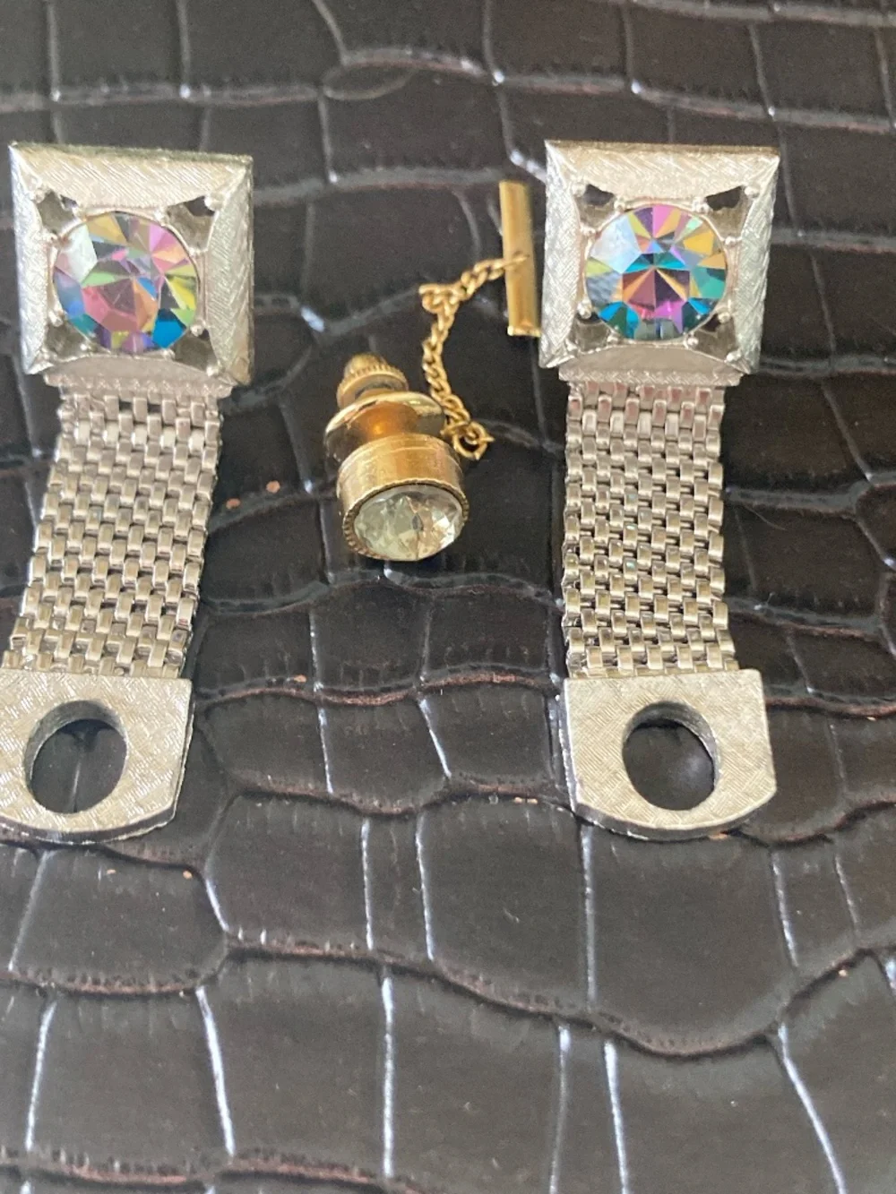 Vintage Swank Aurora Borealis Crystal Wrap Cufflinks w/ matching Tie Tack 1960s